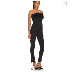 Alice + Olivia Idell Strapless Feather Trim Zip Jumpsuit Black Women’s Size 6
